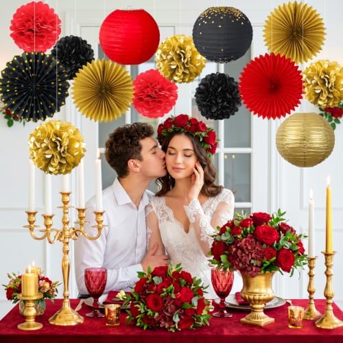 ADLKGG 14 Pcs Red Black Gold Party Decorations, Paper Fans Lanterns Pack - Image 6