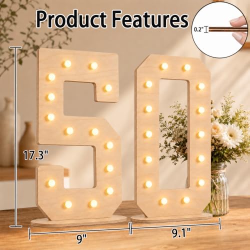 Pooqla 50th Birthday Decorations, 17.3 in Tall Wooden Light Up Numbers - Image 4