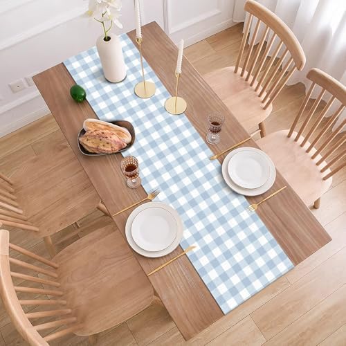 Dusty Blue Gingham Table Runner Light Blue Checkered Boy Girl Baby Shower Birthday Party Decoration Home Dining Kitchen Island Decor (13" x 90") - Image 4