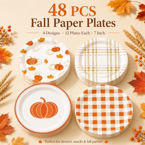 48 PCS Fall Paper Plates 7 inch, Pumpkin Orange Gingham Party Plates Disposable Cake Dessert Plate for Autumn Theme Harvest Thanksgiving Party Decorations (Fall) - Image 3