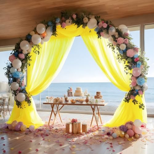 Yellow Wedding Arch Draping Fabric Sheer Curtain Drapes 2 Panels | 20 ft Extra Long Shimmery Backdrop Curtains for Wedding Anniversary Party Summer Outdoor Events Drapery Photo Backgrounds - Image 3