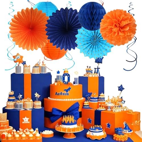 Orange Blue Men Birthday Decorations - 21pcs Happy Banner Garland,Bluey Paper Streamers Lanterns,Flower Tissue Pom Poms Fan Supplies,Hanging Wall Backdrop Party Decor Huglony - Image 3