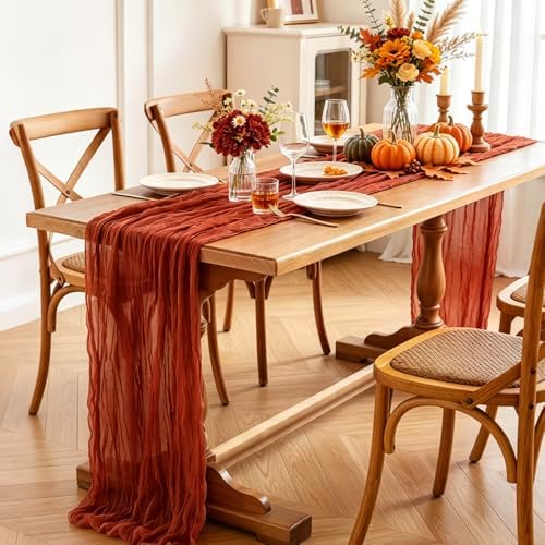 Fall Table Runner, 10FT Thanksgiving Terracotta Cheesecloth Table Runner 35*120inch Burnt Orange Decor for Autumn Fall Wedding Baby Shower Friendsgiving Thanksgivig Home Kitchen Table Decorations - Image 4