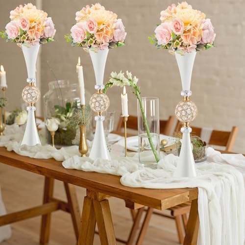 VIJIV White Tall Crystal Flower Vases for Centerpiece - 28'' Large Trumpet Vase for Bouquet Skinny Decorative, Table/Floor Vase Flower Stand for Party Event, Dining Table Décor, Bridal Shower, Wedding - Image 2
