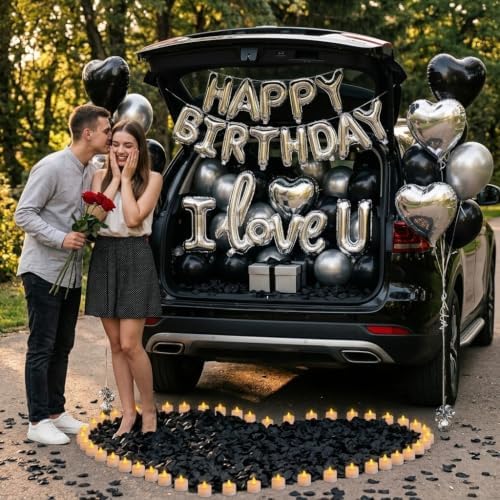 Black Silver Birthday Decorations for Men, Hotel Birthday Decorations for Him with LOVE Balloon, Happy Birthday Balloons, Black Rose Petals, Birthday Room Decor Anniversary Decor - Image 7
