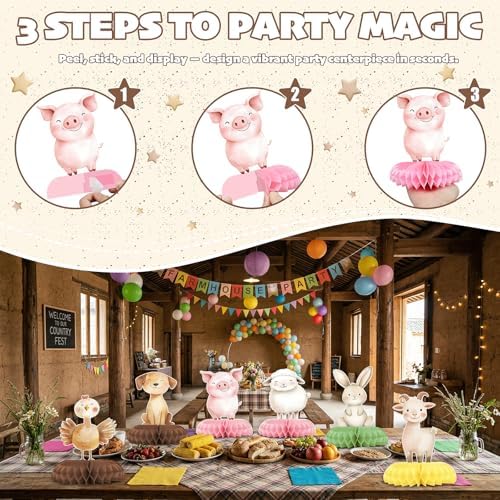 12 Pcs Farm Baby Shower Decorations - Barnyard Farm Animal Party Supplies - Cow Pig Chicken Horse Tractor Centerpieces for Tables - Farm Honeycomb Table Decor for Baby Shower and 1st Birthday - Image 3