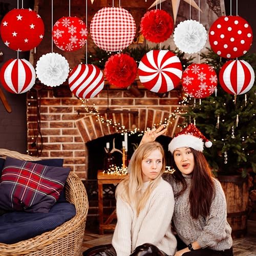 13PCS Christmas Decorations Ornaments Set – 9 Red White Hanging Paper Lanterns, 4 Pom Poms for Indoor, Home, Xmas Party, Porch Decor - Image 2