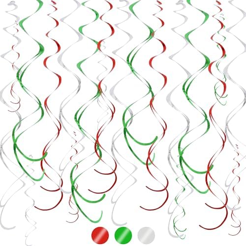 BEISHIDA Red Green Silver Hanging Swirls Party Decorations Plastic Streamer for Christmas Hanging Ornament Decorations, Christmas Wedding Graduation Party Supplies, Pack of 24 by Beishida