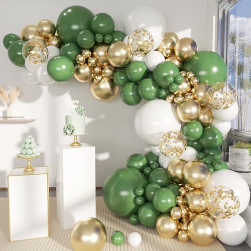 MEBAY Green White Gold Balloon Arch Kit, 146Pcs Avocado Green Metallic Chrome Gold Confetti and White Latex Balloons for Wedding Birthday Baby Shower Decoration by MEBAY