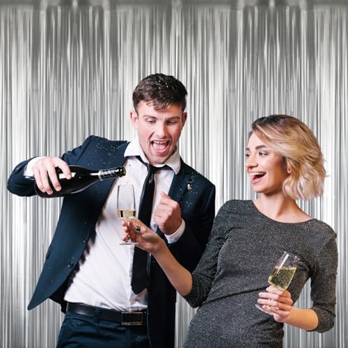 GOER 3.2 ft x 8.2 ft Metallic Tinsel Foil Fringe Curtains Party Photo Backdrop Party Streamers for Birthday,Graduation,New Year Eve Decorations Wedding Decor (4 Pcs,Matte Silver,Thick Material) - Image 6