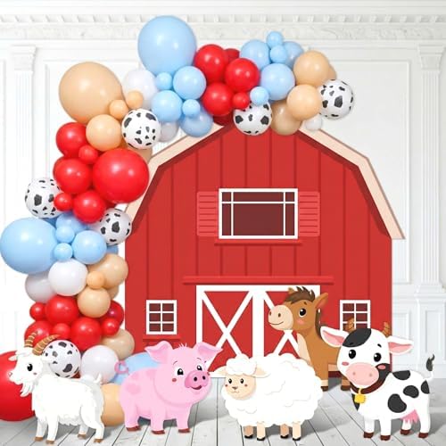 114 Pcs Farm Animal Theme Party Decorations Set Farm Barn Backdrop Large Animal Cardboard Cutout Yard Sign Cow Balloon Garland Arch Kit Photo Prop for Farmhouse Birthday Party Supply by PullCrease