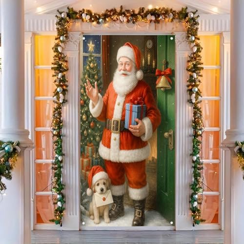 BlissYard Christmas Door Cover Santa Puppy 35x71 Inch Polyester - Image 2