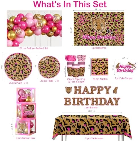 Pink Cheetah Print Birthday Decor, All-in-1 Party Set Serves 25 - Image 2
