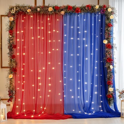 10x10ft Royal Blue Red Tulle Backdrop Curtain with Lights String for Parites, Sheer Photo Backdrop Curtains with lights for Wedding Backdrop Ceremony Reception Bridal Shower Baby Shower Birthday Party by PartyTalk