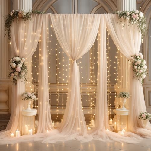 20ft x 10ft Champagne Backdrop Curtain with Lights String for Parties, Sheer Tulle Wedding Photo Backdrops Drapes for Baby Shower Birthday Party Decorations Background for Photography by Shillance