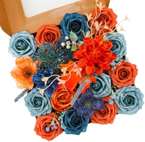 Floweroyal Artificial Flowers Combo Orange Flowers Mix Silk Flowers Dahlia Roses with Stems for DIY Wedding Bridal Bouquets, Baby Shower, Floral Arrangement, Table Centerpieces, Home Decorations. by FloweroyalCrafts