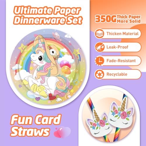 146Pcs Unicorn Plates and Napkins Party Supplies Includes Plates, Napkin, Fork, Cup, Straw, Tablecloth, Banner for Unicorn Baby Shower Birthday Party Decorations, Serves 24 - Image 3