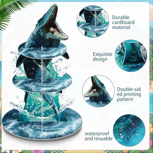 3 Tier Dinosaur Party Decoration Mosasaurus Dinosaur Cupcake Stand - Image 3