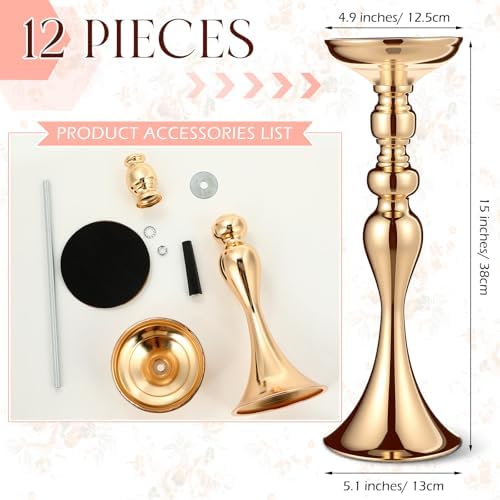 Sadnyy 12 Pcs Metal Flower Arrangements Stand Metal Wedding Centerpiece Stand Gold Vase Centerpiece Tall Table Decor Flower Vase for Wedding Reception Event Party Hotel Home Decor (15 Inch) - Image 2