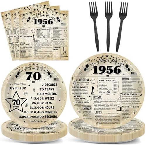 CHUNNIN 96Pcs 70th Birthday Plates and Napkins Back in 1956 Party Decorations Vintage 70 Year Old Party Dessert Plates 1956 Birthday Tableware for 24 Guests 70th Theme Men Woman Bday Parties Supplies by CHUNNIN