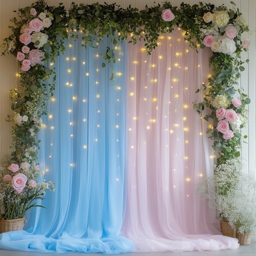 Tulle Curtain Backdrop with 300 LED Fairy Lights for Parites Wrinkle-Free Sheer Curtain Drapes Photo Back Drop for Wedding Baby Shower Bridal Shower Birthday Home Décor - 10ft×10ft, Pink Blue by HOLITS