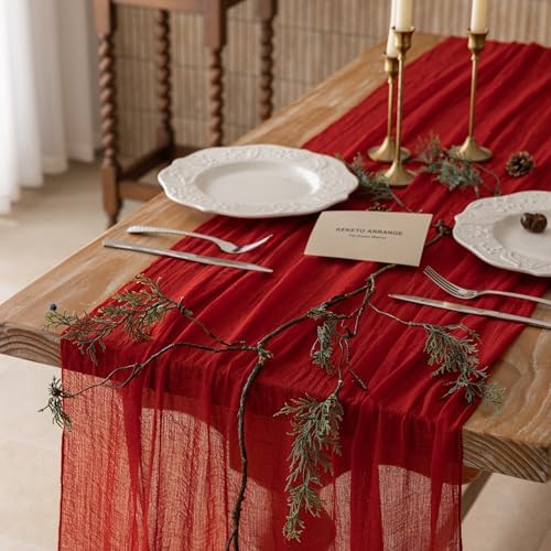 2Pcs Red Cheesecloth Table Runner 120 Inches for Party Home Decor by KEKETOARRANGE