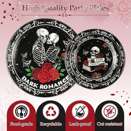 96Pcs Dark Romance Book Lover Skull Rose Black Gothic Party Plates Supplies Tableware Decorations Disposable Paper Plates Napkins Forks for Birthday, Serves 24 - Image 3