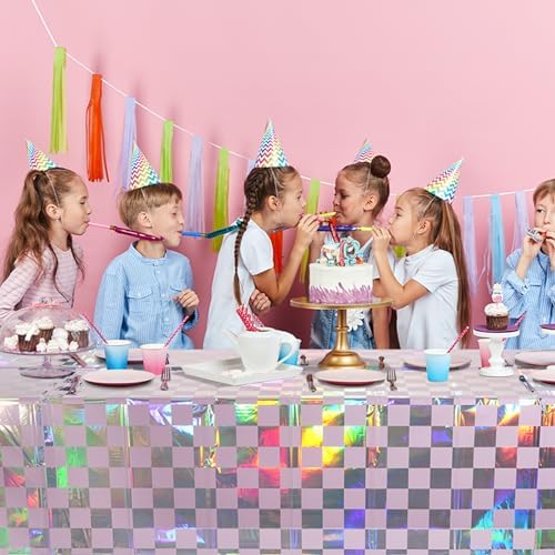 6Pack Iridescent Checkered and Purple Plastic Tablecloths Shiny Disposable Laser Rectangle Table Covers Holographic Foil Tablecloth Iridescent Party Decorations Birthday Bridal Baby Shower, 54x108Inch - Image 7