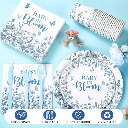Yungyan 252 Pcs Baby in Bloom Blue Floral Baby Shower Party Tableware Set Included Plates Napkins Cups Forks Knives Cutlery for Party Decorations Supplies 36 Guests - Image 6