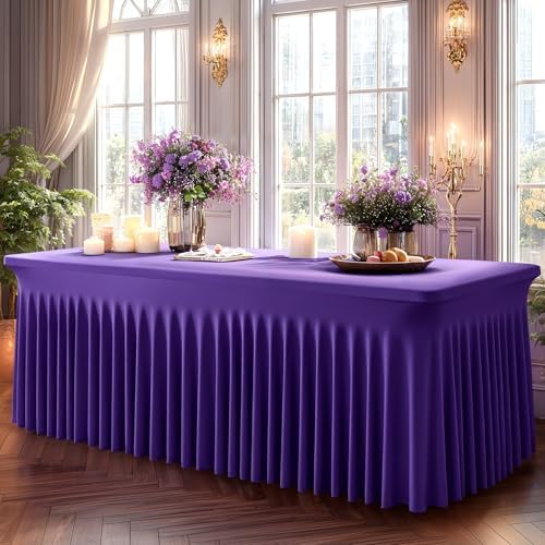 2 Packs Purple Spandex Table Covers 6 Foot, Fitted Stretch Table Cloth with Skirts 72x30 Inch, Wrinkle-Free Floor Length Rectangle Tablecloths for Trade Show Weddings Parties Banquets Events - Image 4