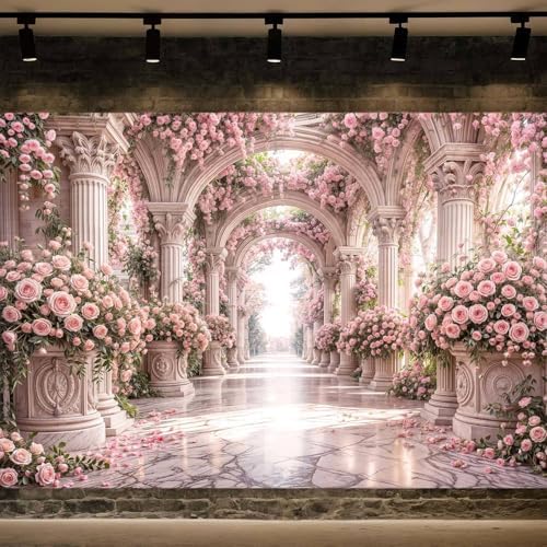 12X10ft Pink Rose Floral Wedding Backdrop European Palace Style Flower Arch Party Decortions Photography Background Anniversary Birthday Baby Shower Girl Party Portrait Photo Booth Props Wall Decor - Image 2