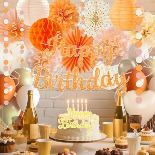 Orange-Peach Fall Boho Birthday Party Decorations - 62pcs Happy Birthday Banner, Beige Rustic Paper Lanterns, Streamers, Tissue Pom Poms, Burnt Orange Apricot Party Balloons, Fall Backdrop Decor - Image 6