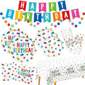 Happy Birthday Decorations: Happy Birthday Party Supplies Set with Birthday Dots Design- Includes Disposable Paper Birthday Plates and Napkins, Cups, Tablecloth, and Banner for decorations, Serves 25. by Gatherfun