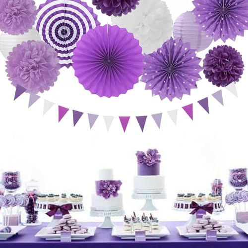 Lavender-Purple White Graduation Party Decorations - 20pcs Paper Lanterns Fans,Tissue Pom Poms,Honeycomb Balls,Birthday Wedding Bridal Baby Shower Engagement Bachelorette Decor Burgleda - Image 7