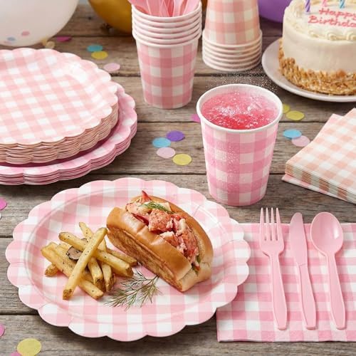 Yaomiao 168 Pcs Pink Gingham Party Supplies Princess Plates and Napkins - Image 4