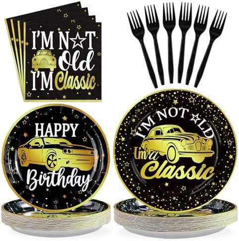 Greencian 96Pcs Classic Car Gold Black Birthday Decorations Serve 24 by Grencian