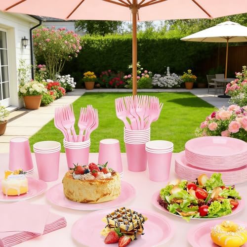 Light Pink Plates and Napkins Party Supplies, Include 9’’ Pink Disposable Paper Plate, 7’’ Dessert Plates Cups Napkins Forks Set for Birthday, Baby Shower Wedding, Party Decorations for Serves 25 - Image 7