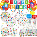 Happy Birthday Decorations - Colorful Dots Birthday Party Supplies Includes Plates, Napkins, Cups, Cutlery, Banner, Hanging Swirl, Tablecloth, Balloons for Birthday Decorations, Serves 24 by LINHAXM