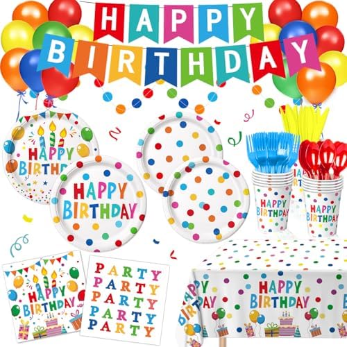Happy Birthday Decorations - Colorful Dots Birthday Party Supplies Includes Plates, Napkins, Cups, Cutlery, Banner, Hanging Swirl, Tablecloth, Balloons for Birthday Decorations, Serves 24 by LINHAXM