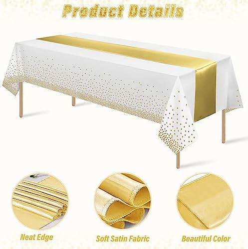 12 Pack White and Gold Tablecloth and Table Runner Set Party Decorations, White and Yellow Gold Plastic Disposable Tablecloth and Satin Table Runner for Wedding Birthday Graduation Anniversary Party - Image 3