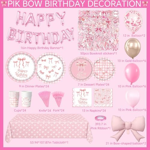 219Pcs Pink Bow Birthday Decorations, Coquette Tableware Set 24 Guests - Image 3