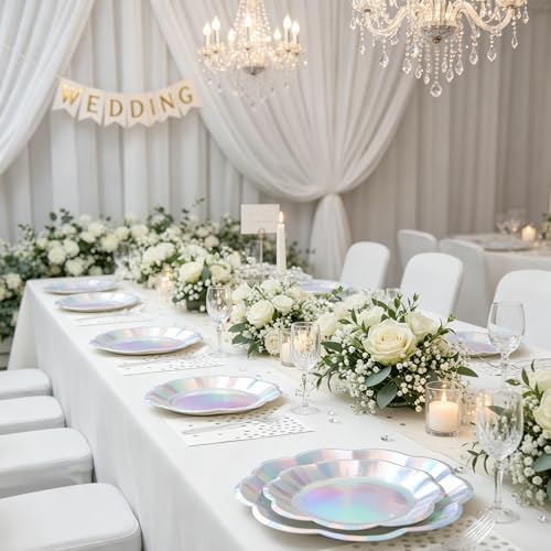 100pcs Iridescent Party Plates and Napkins | 25 7inch Dessert Plates | 25 9inch Disposable Plates | 25 Napkins | 25 Forks Holographic Party Supplies for Mermaid Birthday Wedding Bridal Shower Party - Image 4