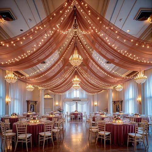 Terracotta Ceiling Drapes with Lights for Weddings, 6 Panels 5ftx20ft Sheer Tulle Curtain Drapes for Wedding Ceremony Birthday Party Arch Decoration by WishCare