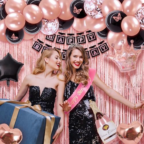Black Pink Birthday Decorations For Women ,Rose Gold and Black Party Decorations Kit,Happy Birthday Supplies Set-Tableware Pack, Balloon Pump, Banner, Fringe Curtain For 12 Guest - Image 2