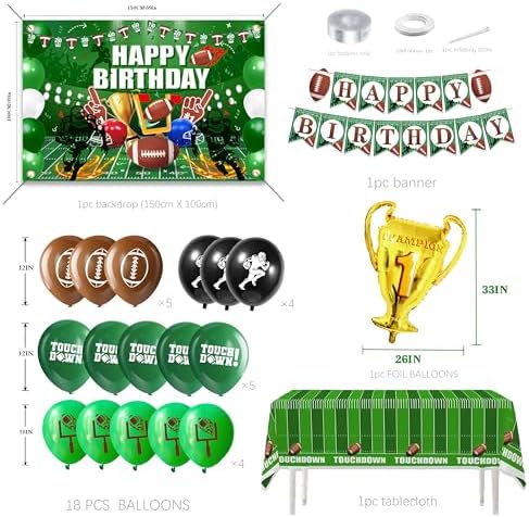 Football Birthday Decorations For Men,Happy Birthday Backdrop,Banner Balloons,Table Cloth,Paper pom poms Party Supplies for Boys - Image 2