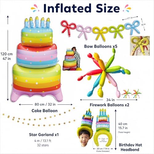 Rainbow Birthday Decoration Set 10Pcs - Giant 47" Inflated Standing Cake Foil Balloon No Helium Required, Hanging Ceiling Firework & DIY Bow Balloons, Star Banner, Hat Headband for Kids Party - Image 4