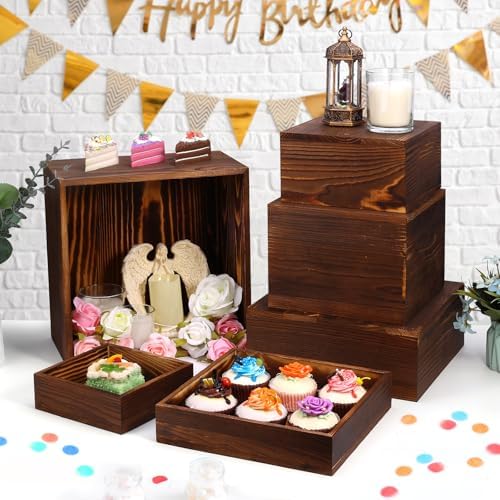 6 Pack Wooden Risers Display Stands Rustic Wood Cake & Cupcake Stands for Party Square Food Risers for Buffet Wooden Crates for Display Home Decor - Image 5