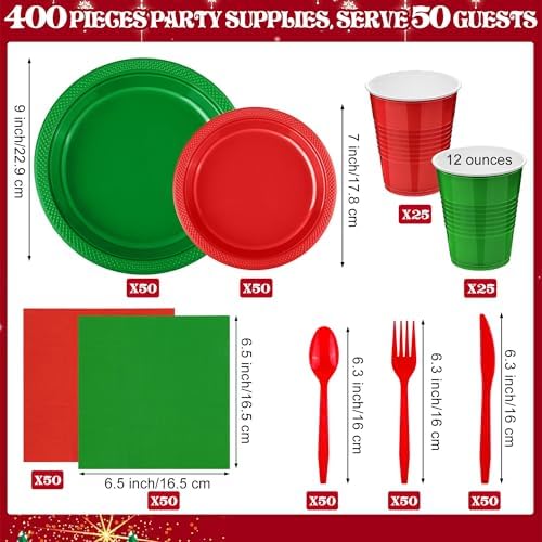 Aodaer 400 Pieces Christmas Party Supplies Red Green Plastic Dinnerware Include Plates Cups Knives Forks Spoons Paper Napkins for Christmas Birthday Wedding Parties, Serve 50 Guests - Image 2