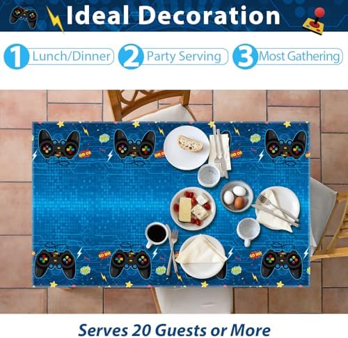 gisgfim Video Game Party Supplies Tableware Set for 20 Guests Gaming Parties Birthday Plates Blue Gamer Party Decorations Includes 7inch Plates, Napkins, Tablecloth - Image 4