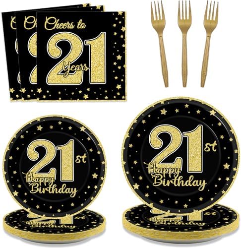96 Pcs 21st Birthday Party Supplies for 24 Guests Cheers to 21 Years Tableware Table Decorations Black Gold 21st Birthday Plates Napkins Dinnerware for Boys Girls 21 Years Old Party Favor by ZOIIWA